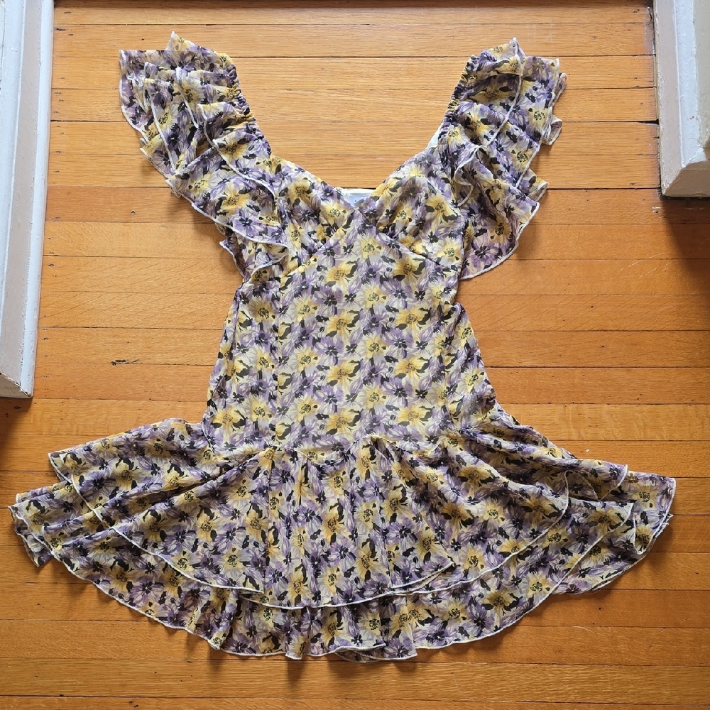 Topshop, Floral Ruffle Mini Dress, Purple & Yellow, EUC, Women's 4